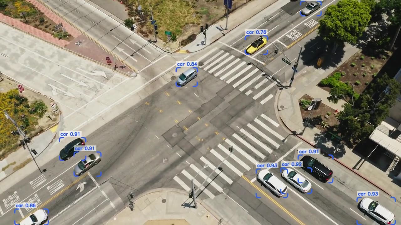 Aerial view of a road intersection with vehicles detected and scored